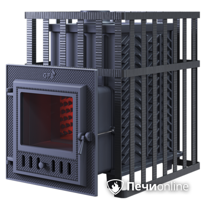 Дровяная банная печь Гефест ЗК в сетке-18 (М) чугунная дверца со стеклом, запатентованная каменка сетка в Златоусте